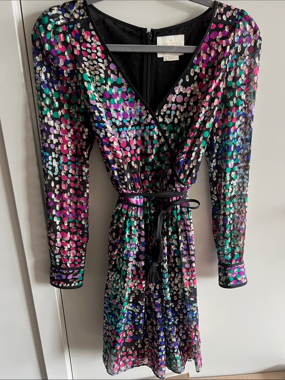 Like NEW! Kate Spade Black Multi Metallic Wrap Dress with fringe tie belt. 0.